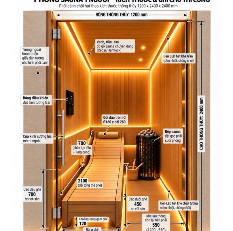 Bản vẽ phối cảnh 3D phòng sauna khô 1 người may đo cao cấp Helios
