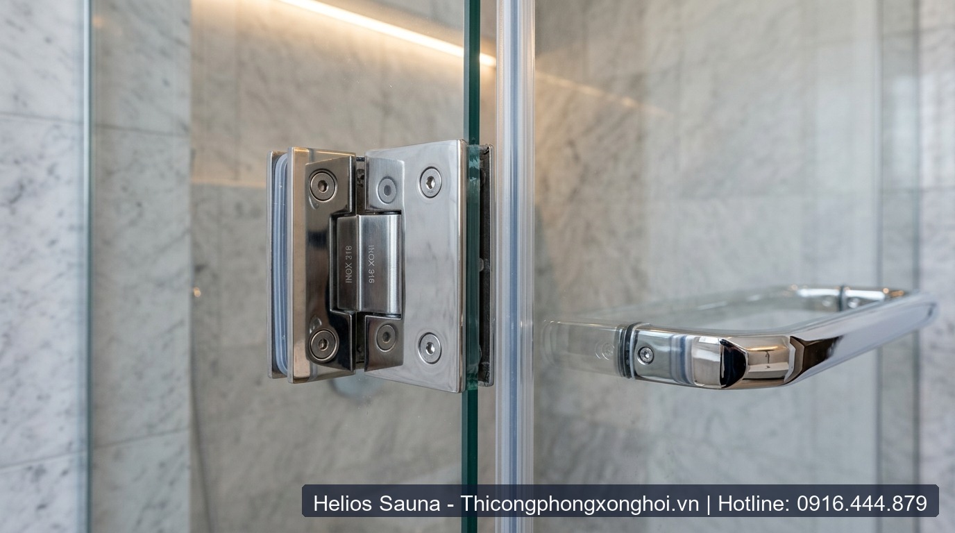 Cận cảnh bản lề Inox 316 và gioăng từ hít kính kín khít phòng xông ướt