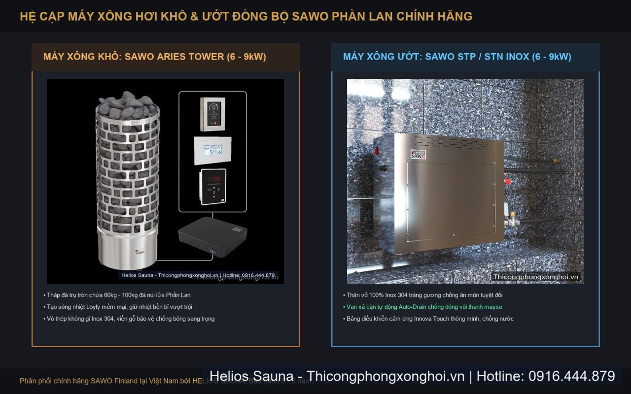 Bộ đôi máy xông khô SAWO Aries tháp đá và máy xông ướt SAWO STP Inox 304 xả cặn tự động