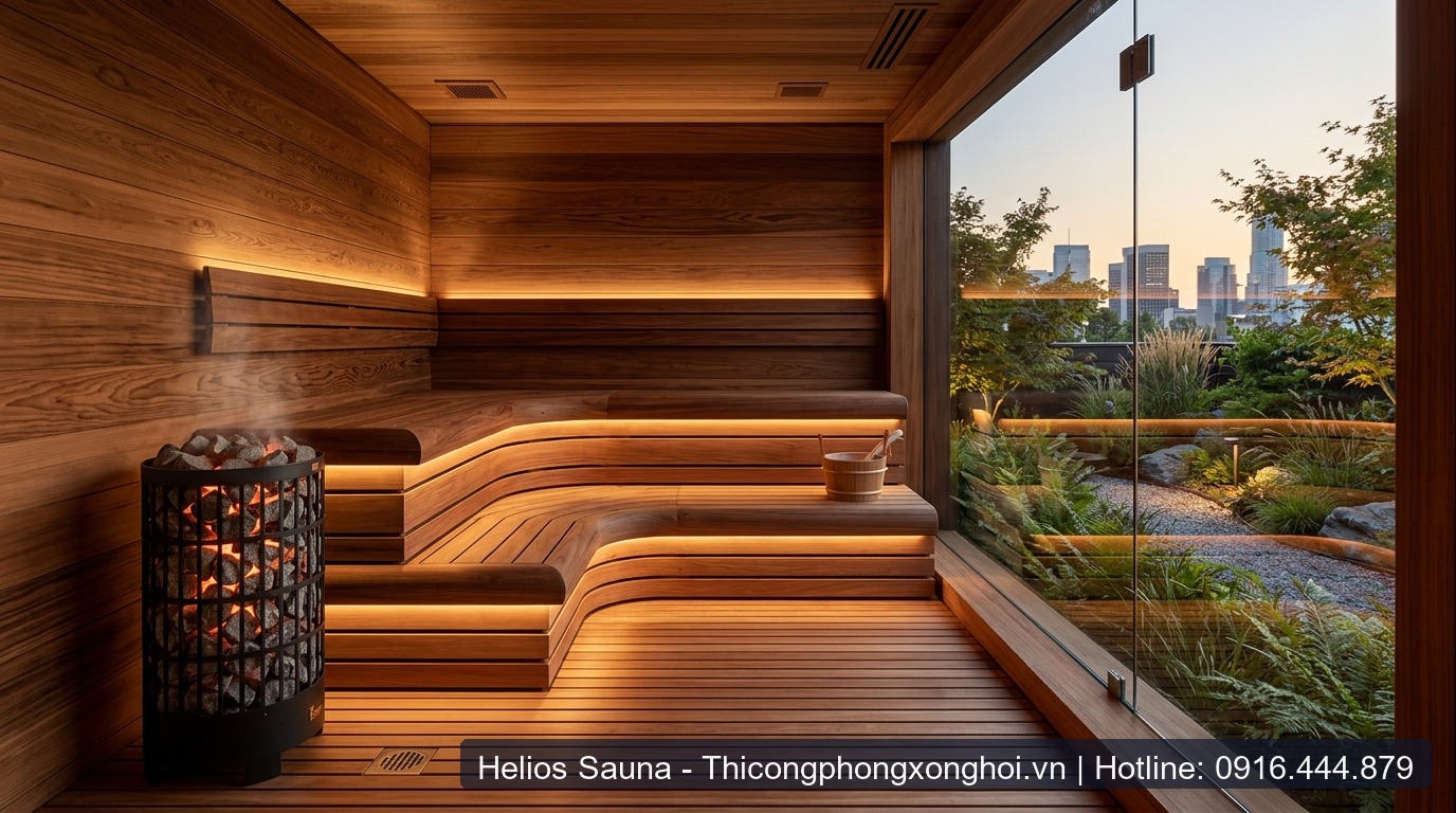 Mẫu phòng xông hơi khô Tuyết tùng đỏ Canada VIP vách kính tràn viền view sân vườn biệt thự cao cấp