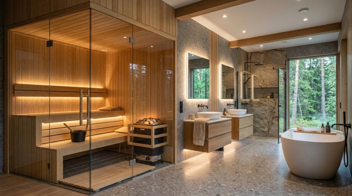 Mẫu phòng xông khô gỗ thông Phần Lan may đo Bespoke cho biệt thự gia đình