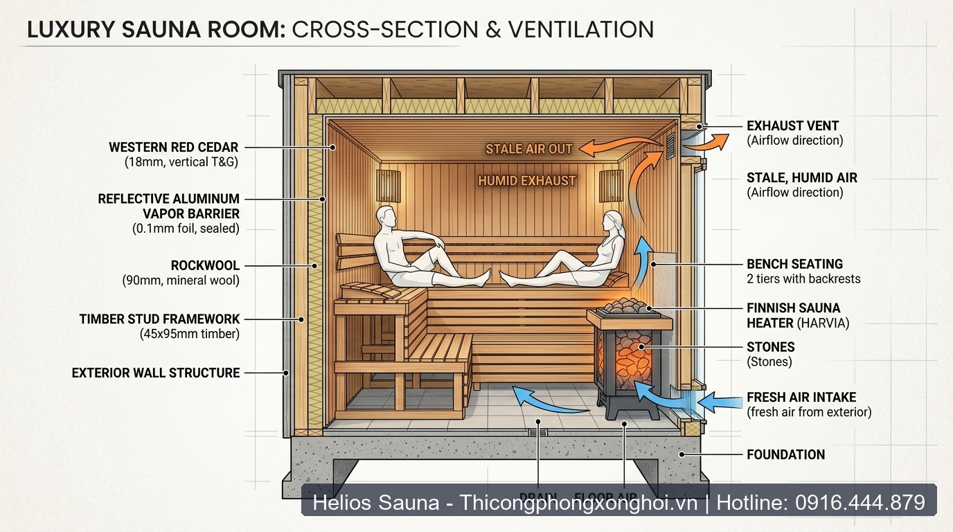 Sơ đồ mặt cắt kỹ thuật luồng thông gió đối lưu 2 chiều và kết cấu vách cách nhiệt phòng xông khô chuẩn Châu Âu