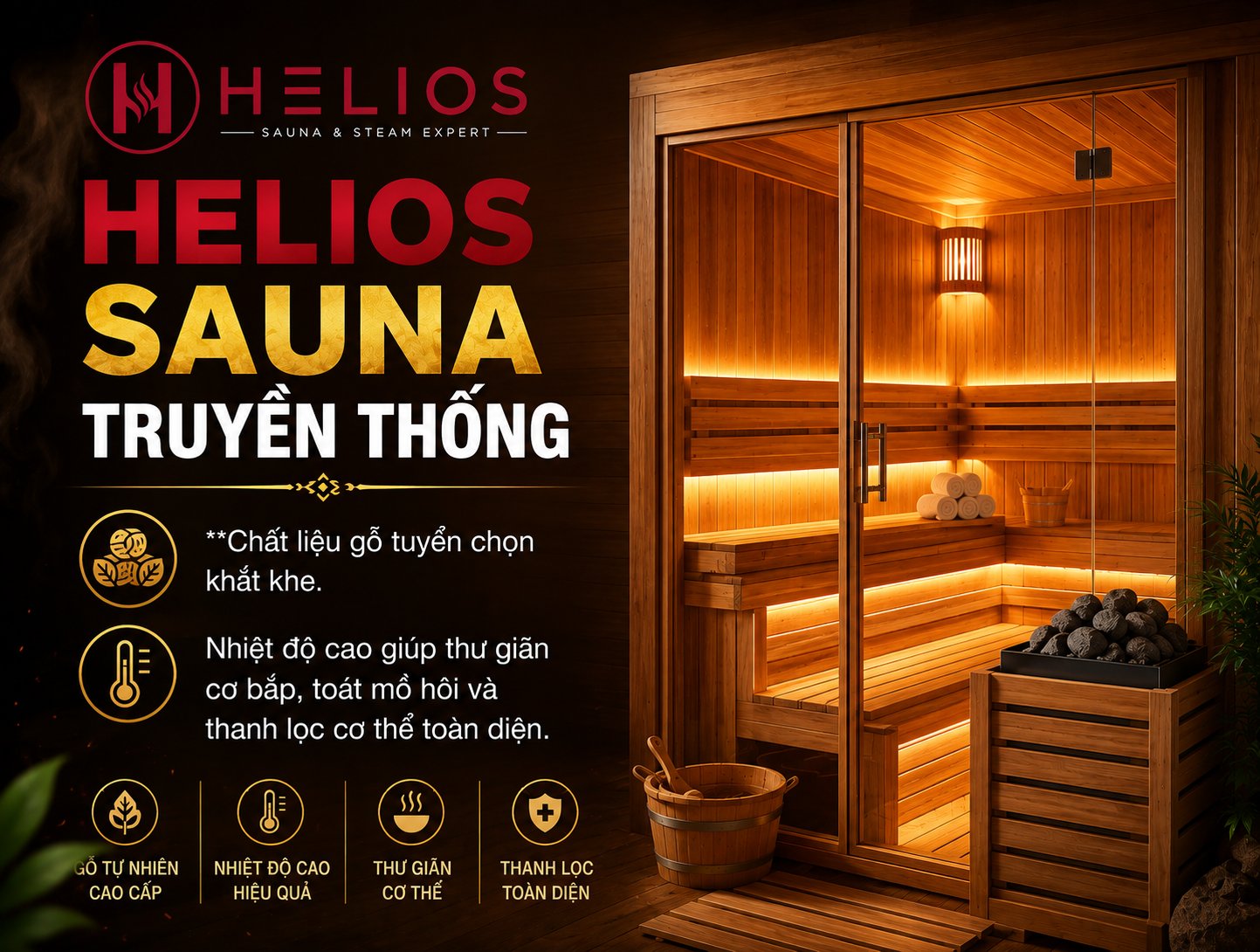 Thi công phòng xông hơi khô sauna truyền thống cao cấp Helios Sauna